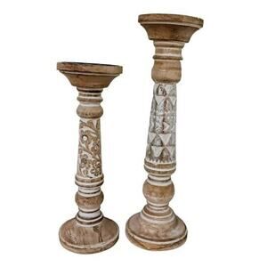 2 Set Carved Wood Candle Stick Holders Exotic White-Washed Tabletop Boho Bougie
